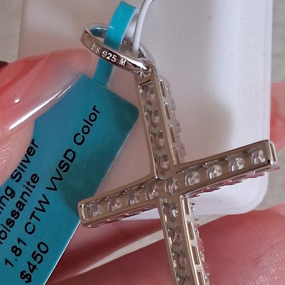 Moissanite Diamond Cross Pendant Set In 925 Sterling Silver - Picture 2 of 4